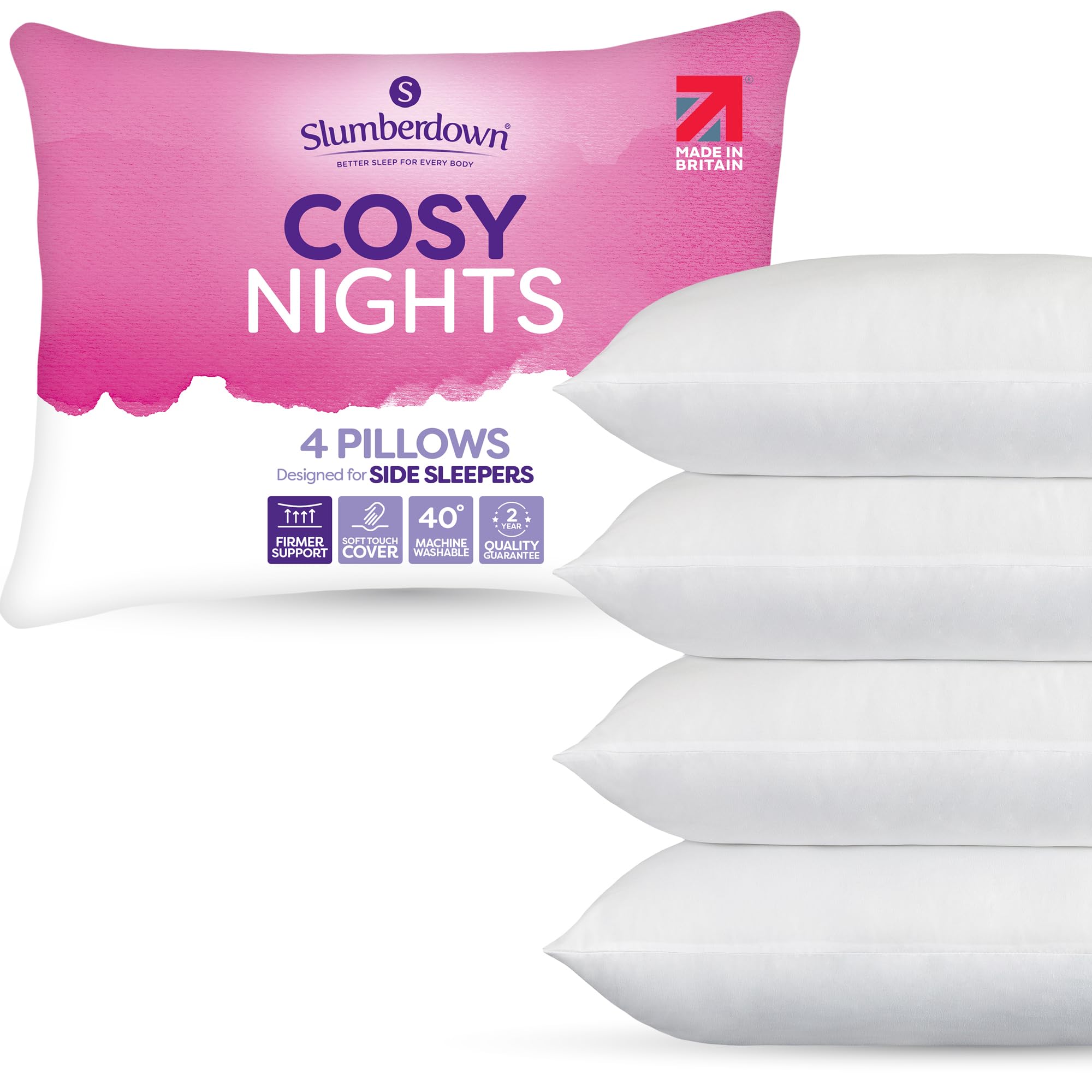 Slumberdown Cosy Nights Bed Pillows 4 Pack Non-Allergenic Firm Support Back & Side Sleeper Pillow - Soft Touch Breathable Cover, Made in the UK & Washable, Packaging May Vary (48 x 74cm)