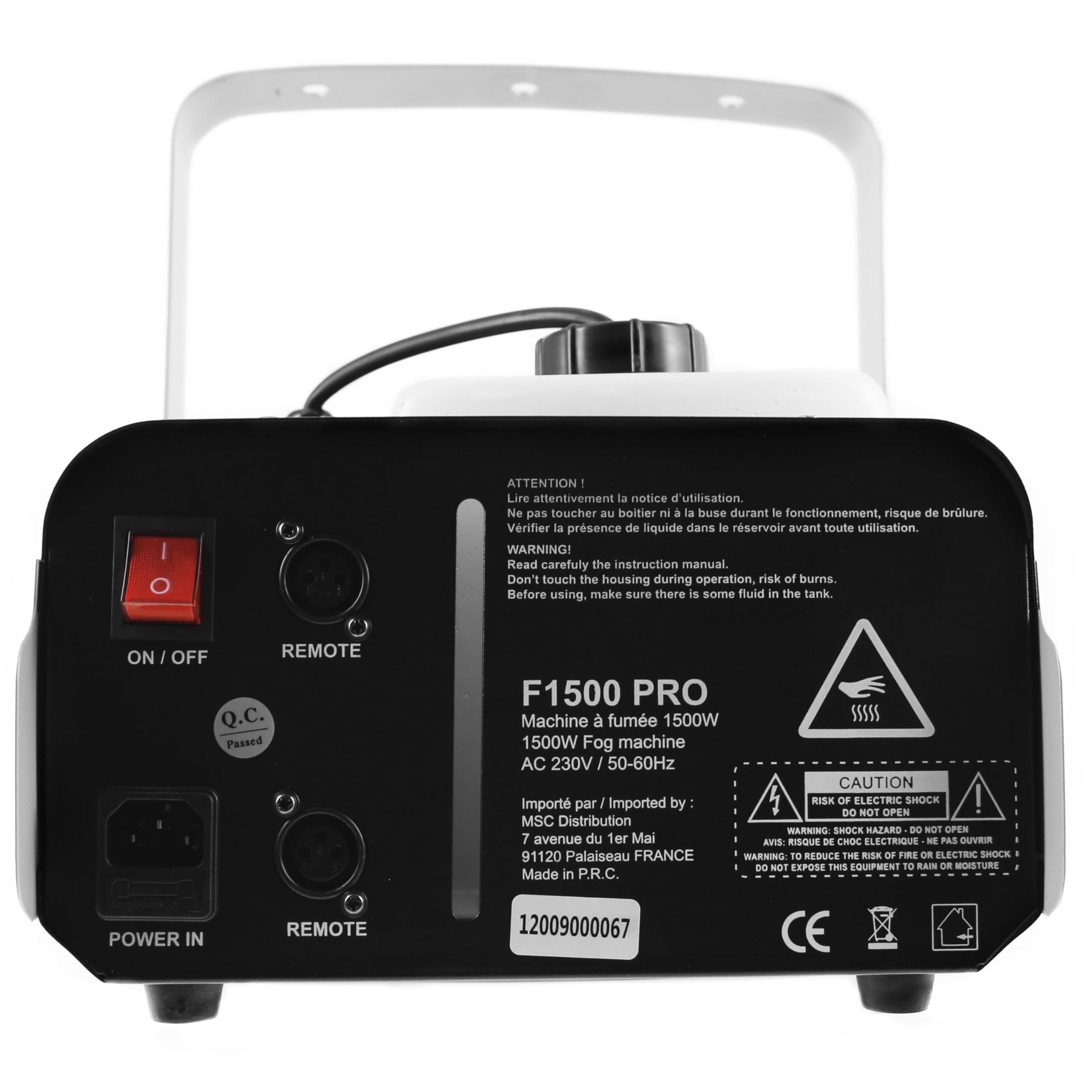 BoomToneDJ F1500, machine à fumée, 1500W, télécommande filaire 3 mètres, télécommande HF et lyre de fixation inclues, idéale pour mariage, soirées privées, machine à fumée compacte, prête à l'emploi