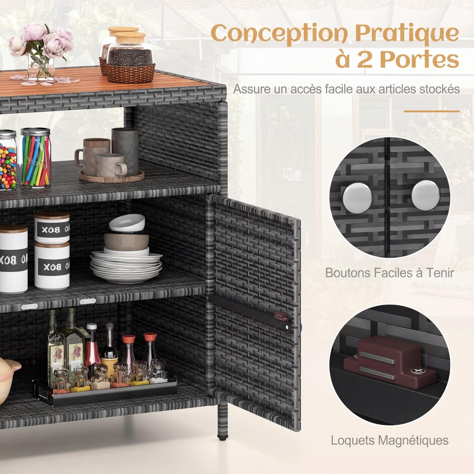 COSTWAY Armoire de Rangement Exterieur en Rotin, Jardin avec Plateau en Bois d'Acacia, Buffet 2 Portes, Gris