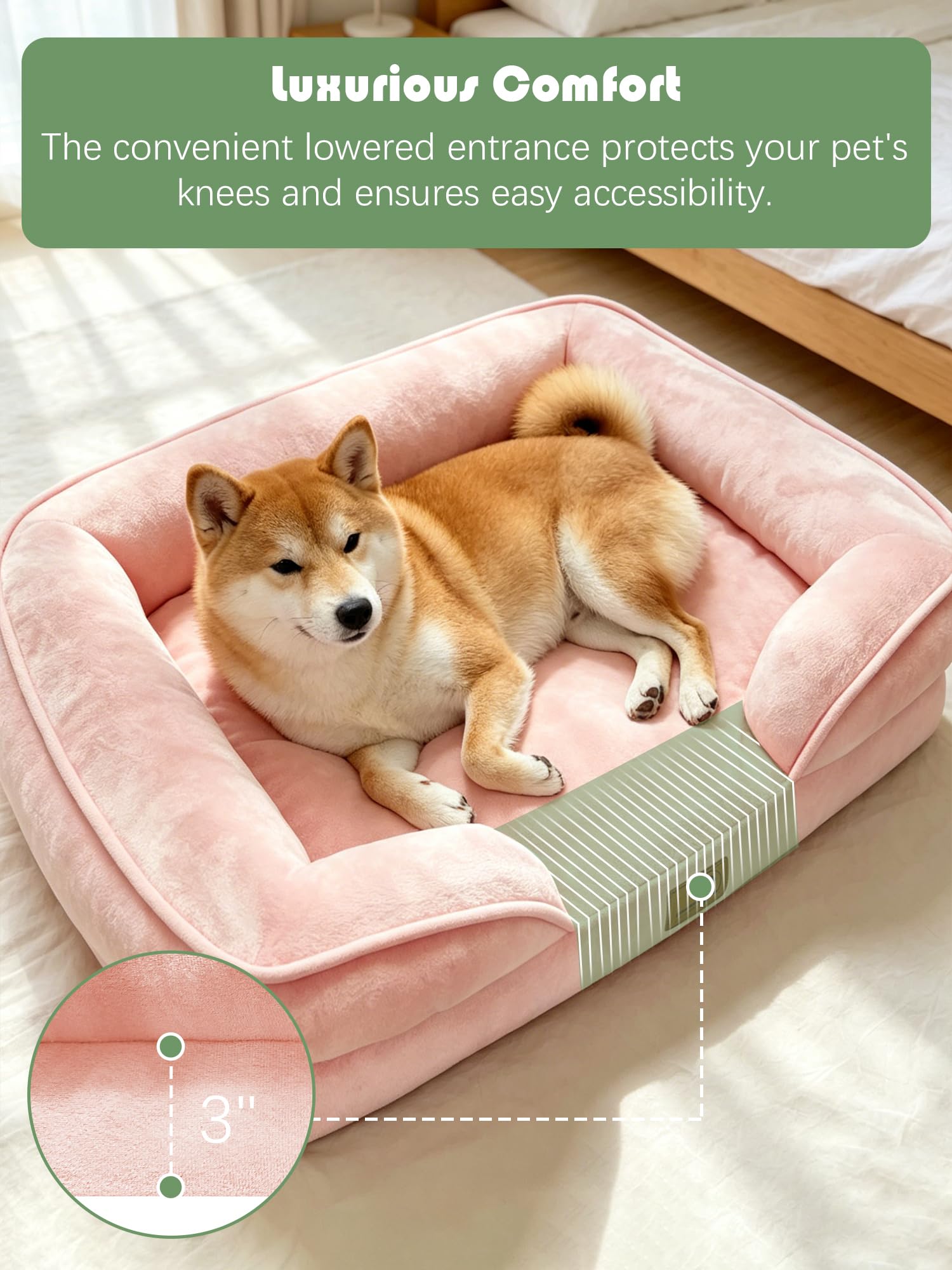Spotted Play Orthopedic Dog Bed with Sides - Sofa Beds for Medium Dogs, Supportive Foam Pet Couch Bed with Washable Removable Cover, Waterproof Lining and Non-Slip Bottom, Pink - M view 3