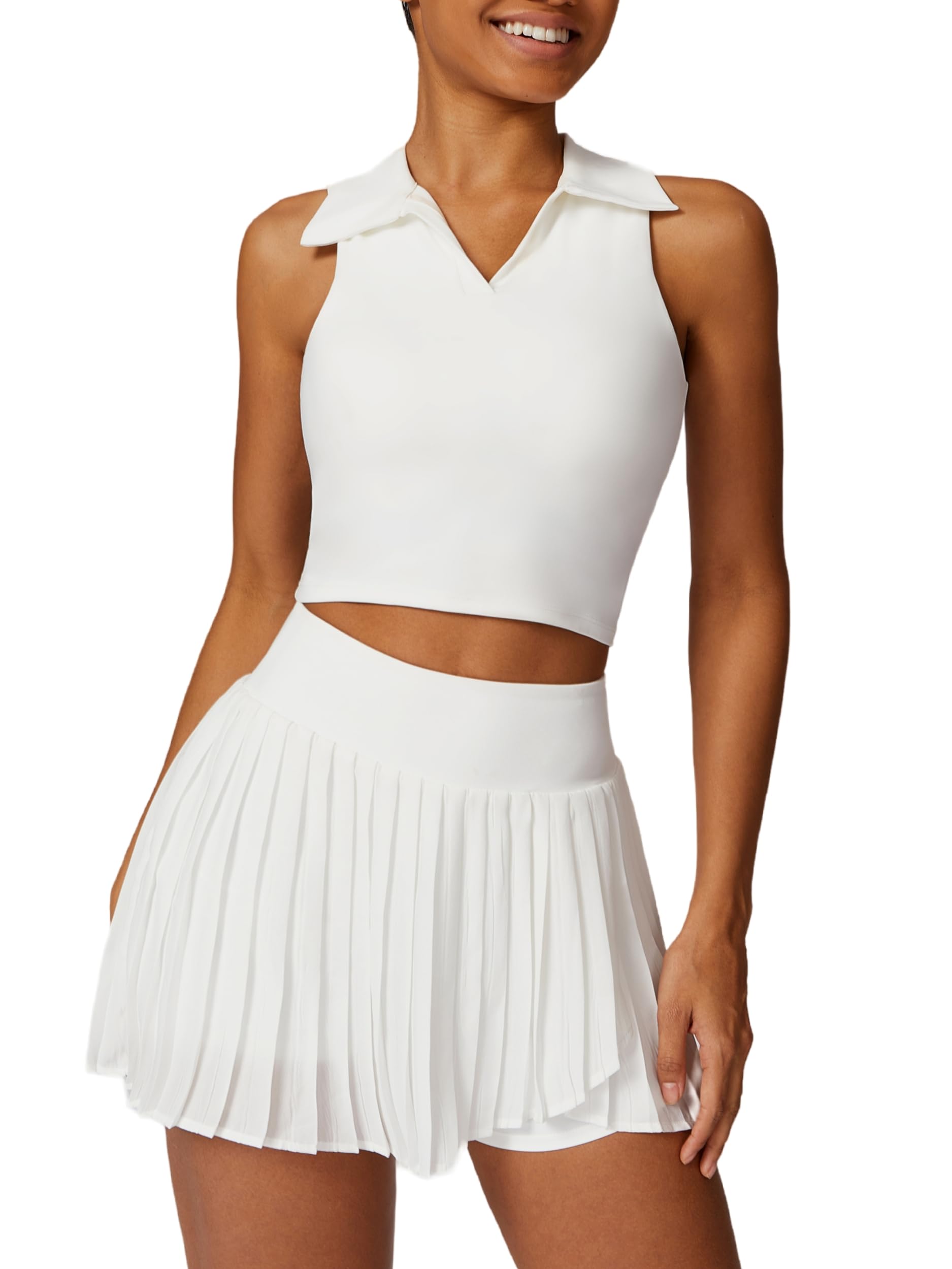 Women 2 Piece Tennis Dresses High Waisted Pleated Skirt Sets Seamless Golf Outfits Sleeveless Racerback Padded Crop Top