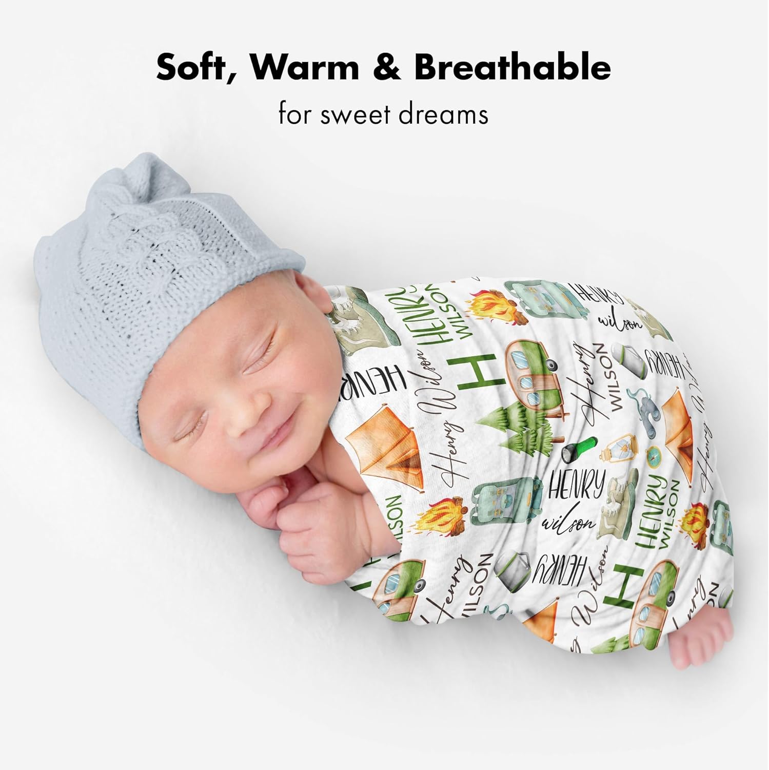 Personalized Camping Baby Blanket, Custom Name, Outdoor Adventure Nursery Swaddle, Cozy Campfire Fleece, Forest Hiking Infant Wrap, Newborn Wilderness Snuggle, Rustic