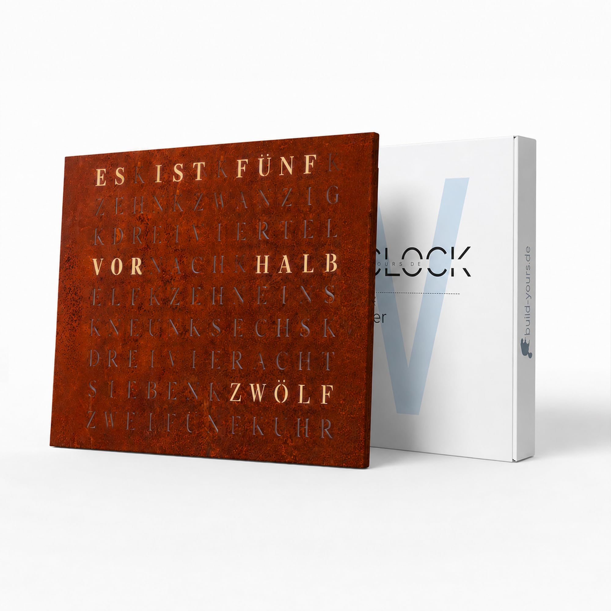 WordClock Jupiter 2.0 – Rust Iron Edition 50×40 cm – RGBW LED 4,3 Mrd Farben – Echtzeituhr RTC – IO Advanced Software – Handgefertigte Eisen-Front – Infinity Edge Design