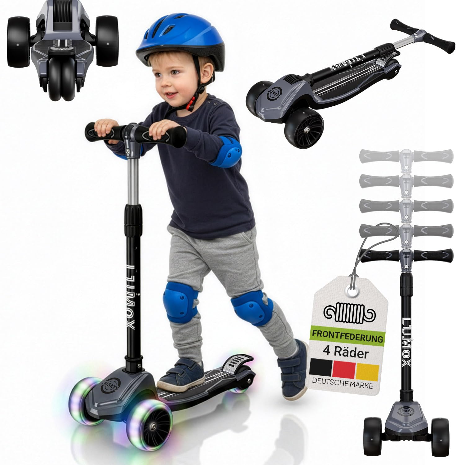 JUSKYS® Kinderroller Lumox Schwarz/Rosa/Blau - LED-Rollen, höhenverstellbarer Kinderscooter, klappbar & Hinterradbremse, Dreiradscooter