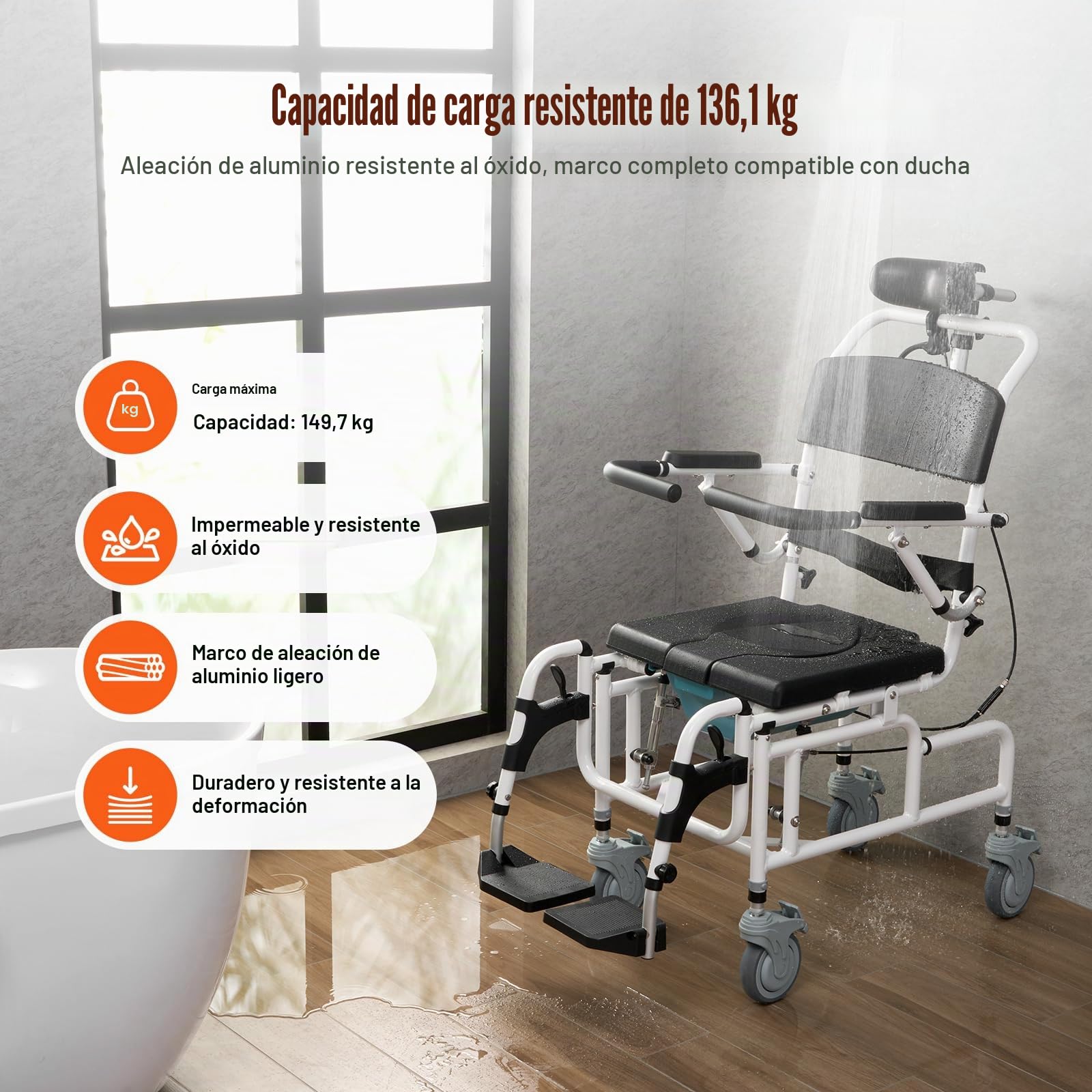 VEVOR Silla de Ruedas de Ducha de Aleación de Aluminio para Ducha Interior, con Freno para Adultos Discapacitados, Silla de Transporte de Ducha de 136 kg de Capacidad, 1085 x 550 x 1315 mm, Negro