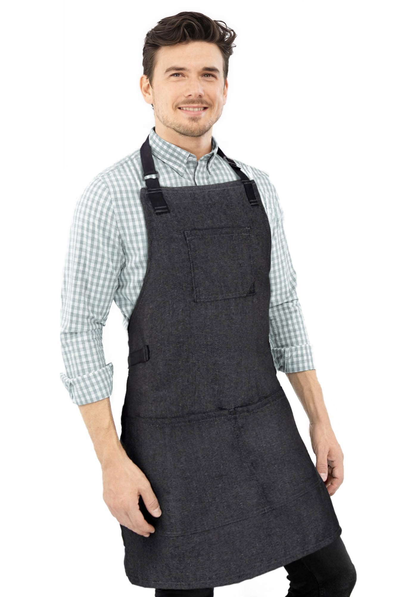 Under NY Sky Work Apron – Bib Style, 3 Pockets, Towel Loops - Adjustable for Men, Women – Cook, Chef, Server, Baker, Barista - Black Denim