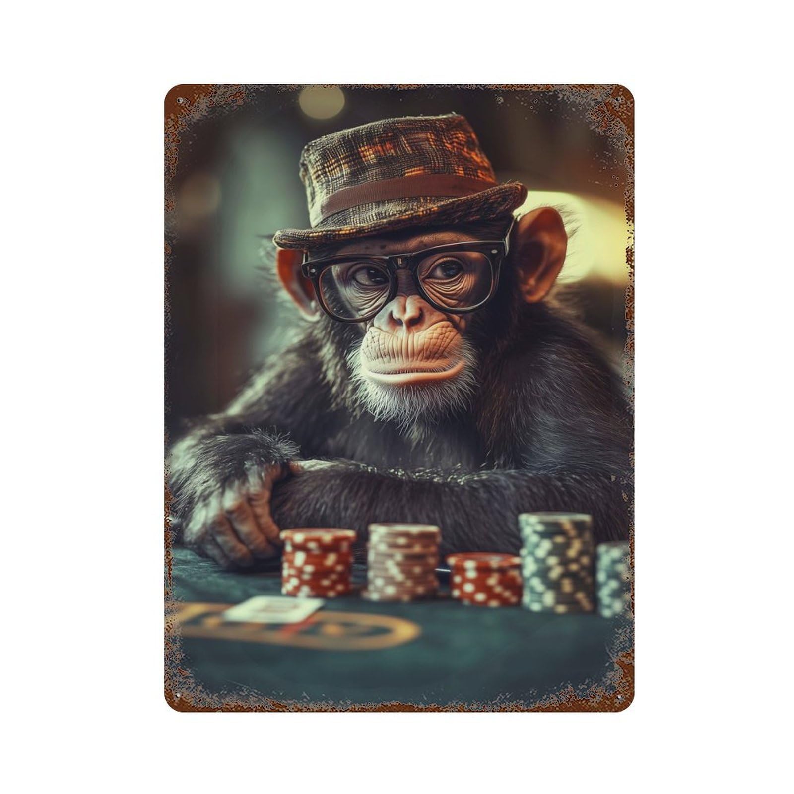 Chef Monkey Playing Poker Decorative Tin Sign 15.7"x11.8", Industrial Home Decor for Garage, Pub Or Kitchen