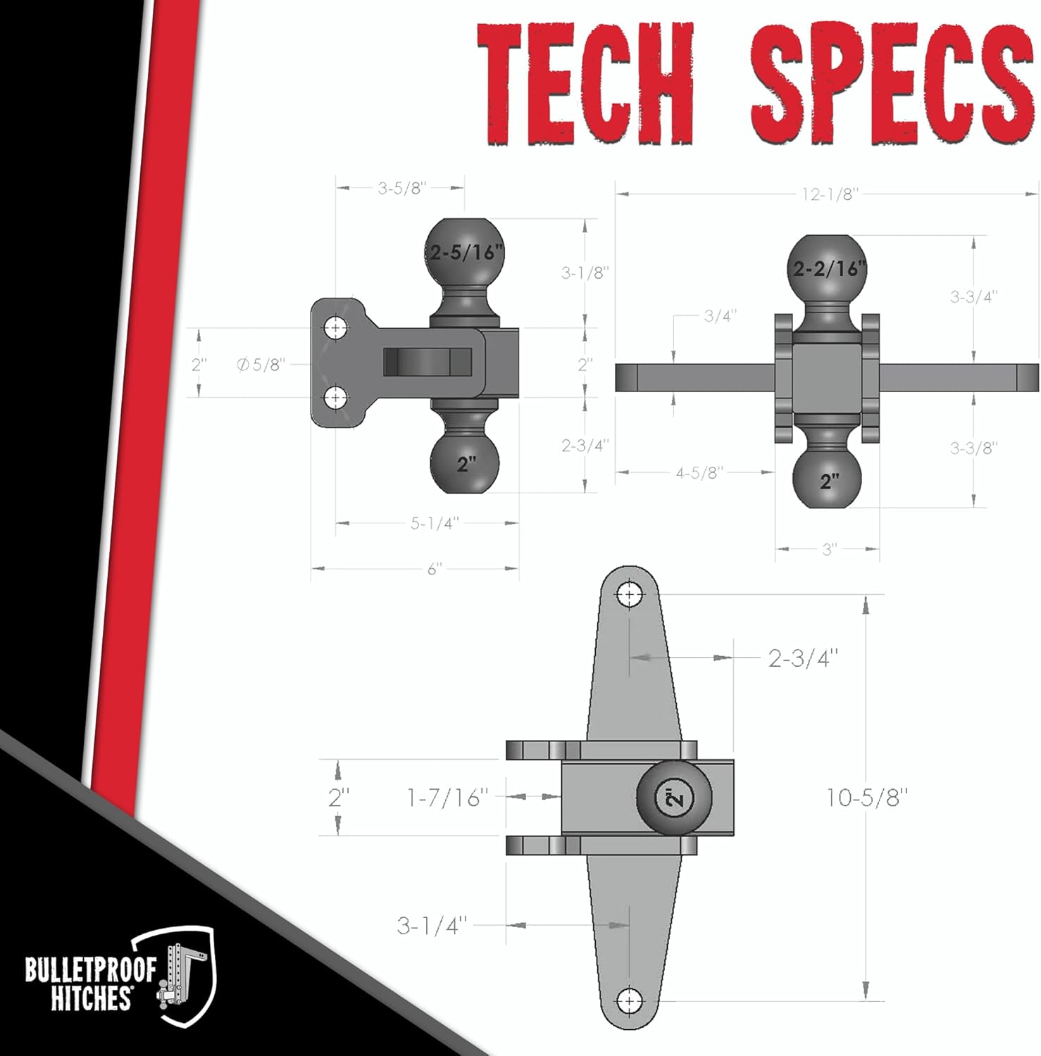 BulletProof Hitches - Medium Duty Sway Control Ball Mount with 2" and 2-5/16" Combination Ball - Rated to 14,000 lbs for Trailer Sway Control - Solid Steel, Black Powder Coat, Corrosion Resistant