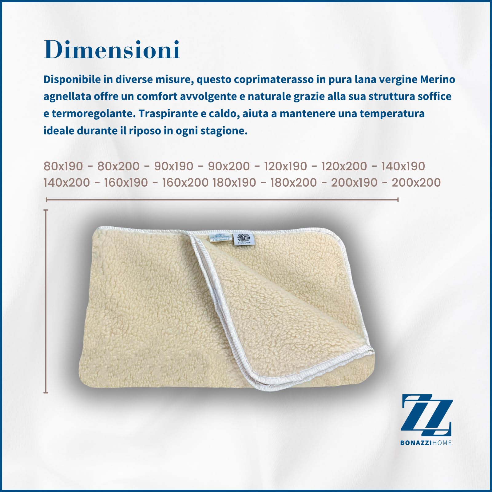 Bonazzi Home, coprimaterasso in pura lana vergine merinos agnellata, 100% MADE IN ITALY (120x190)