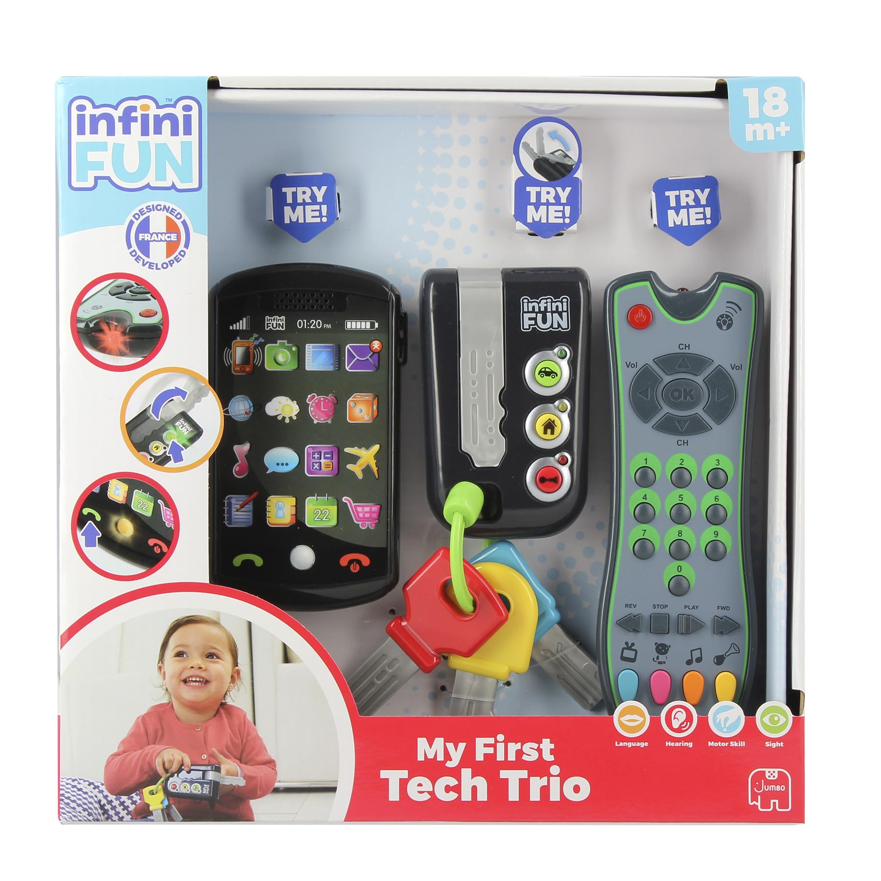 Infini Fun My First Tech Trio - Imitation Game for Kids, Fake Phone, Toy Keys & TV Remote for Imaginative Play - Ultra-Realistic Pretend Kids Play Set, Discover Colours & Sounds - For Ages 18 Months +