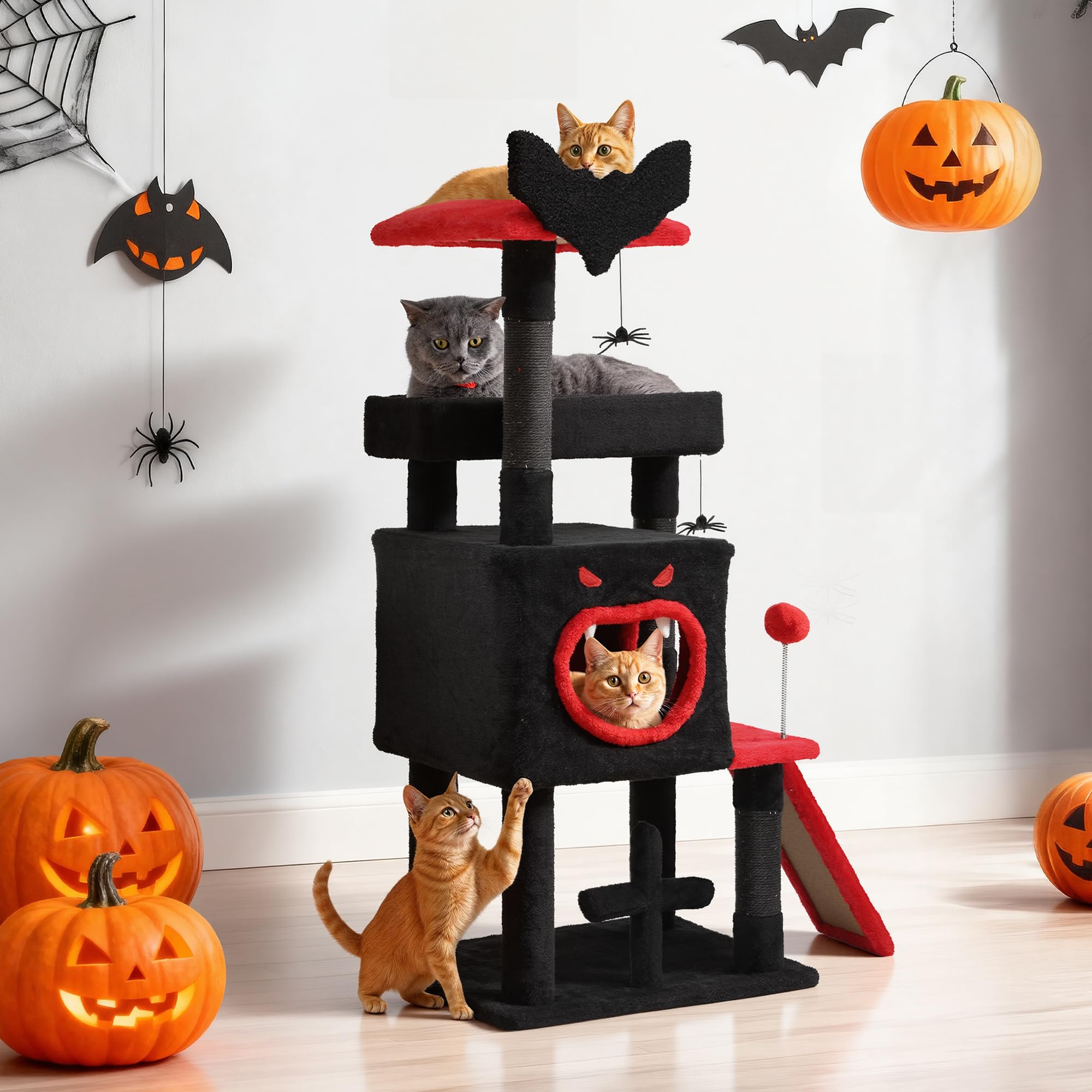 DWVO Árbol de Gato gótico de 111 cm para Interior con Cama de ataúd, espaciosa casa para Gatos, Bola de araña Colgante y rascador, Color Negro