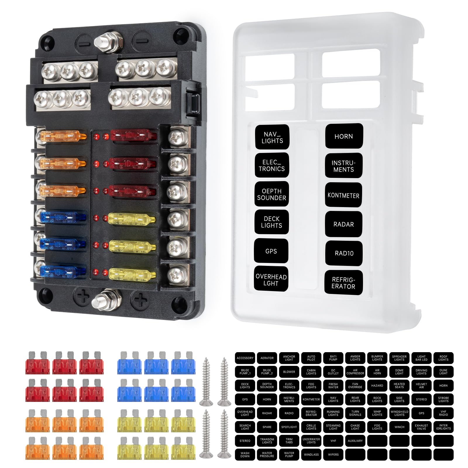 Scelrin 12 Way Marine Fuse Block, 12V Fuse Box with Led Indicator Waterproof Cover, Standard Circuit Marine Fuse Panel with Negative Bus for 12V/24V