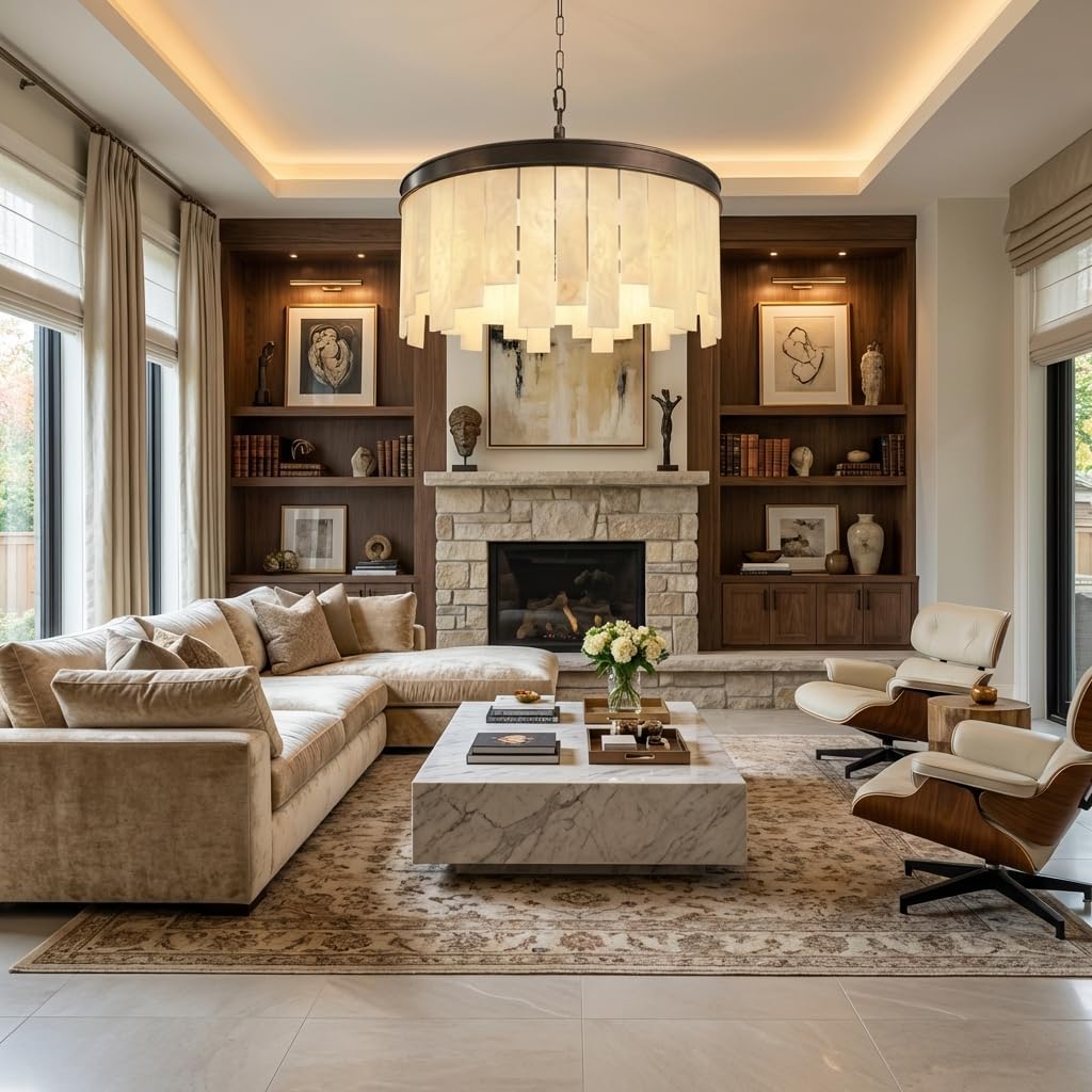 6-Light Alabaster Chandeliers for Dining Room, 23.9" Modern Black & Brown Spanish Natural Marble Pendant Light Luxury Round Alabaster Hanging Ceiling Light Fixture for Living Bedroom Kitchen