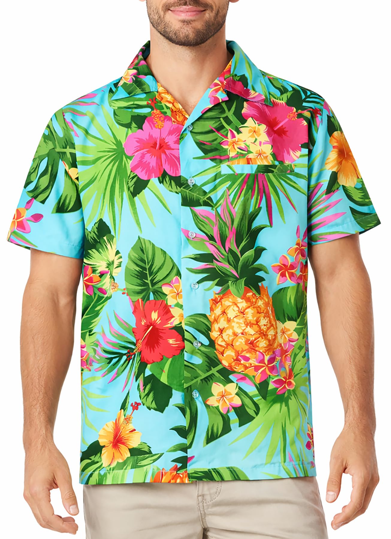 King Kameha Men's Turquoise - Pineapple Hawaiian Shirts For – Hawaiian Shirt With Pineapple Print, Summer Shirts For Uk - Botton Down Shorts Sleeve Shirt - Aloha Holiday Clothes - Pineapple, Turquoise, M