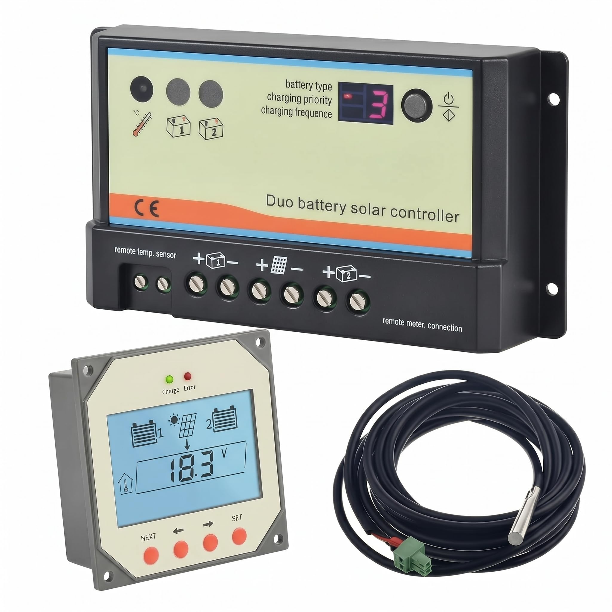 EPEVER Regolatore di carica a doppia batteria PWM 10A, auto 12V 24V per camper, barca, roulotte, bus o sistema solare a due batterie (DB 10A + MT1 + RTS)