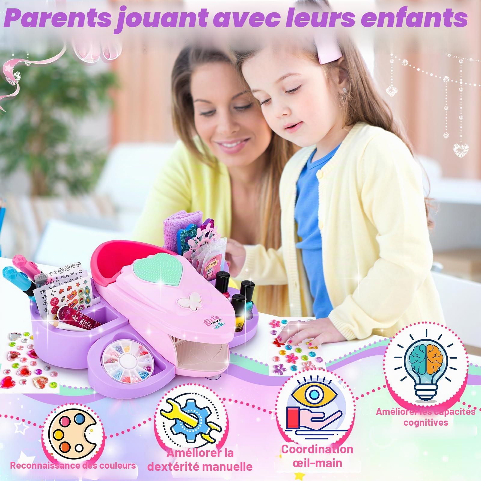 Kit Manucure Enfant Fille,Nail Art Jouet Cadeau,Contient Sèche Ongles,Peel-off Pailleté Vernis à Ongles,du glitter,des autocollants amusants,etc. 6+ Ans Cadeau d'anniversaire De Noël pour Filles