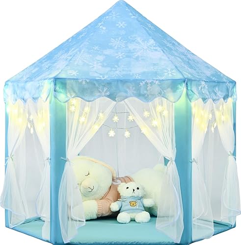 Miniatura 7 de KIXINWA Tienda de campaña de princesa congelada para niñas, tienda de campaña con luces LED grandes de copo de nieve, castillo para niños pequeños,