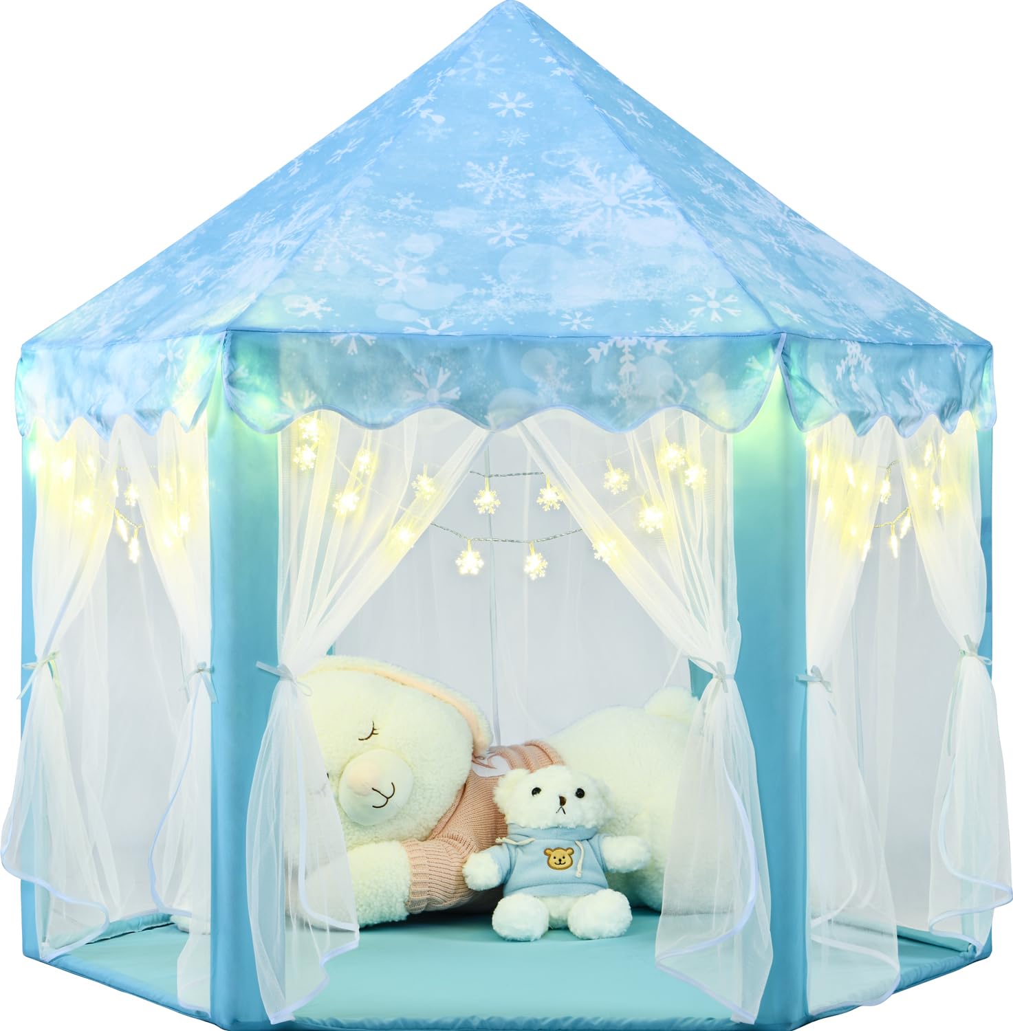 Frozen Princess Tent for Girls, Kids Play Tent with LED Small Snowflake Lights, Castle Playhouse Tent for Children Indoor Outdoor Games, 55×53 Inches