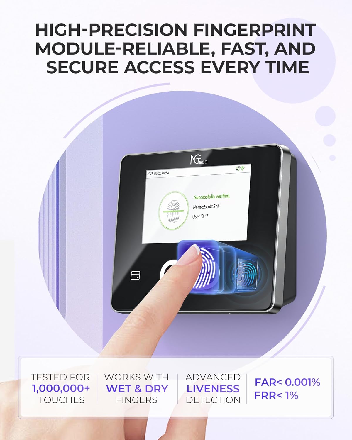A finger being placed on the NGTeco time clock's fingerprint sensor, showing verification details and features like wet/dry finger compatibility.