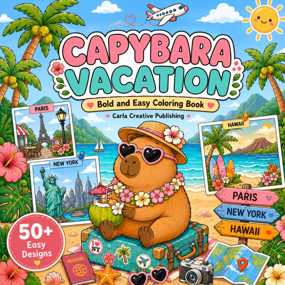 Capybara Vacation Coloring Book: Bold and Easy Coloring Pages Adults & Teens & Kids Featuring Cute Capybaras, Paris, New York, Hawaii, Tropical Beaches, Travel Adventures, and Relaxing Vacation Scenes