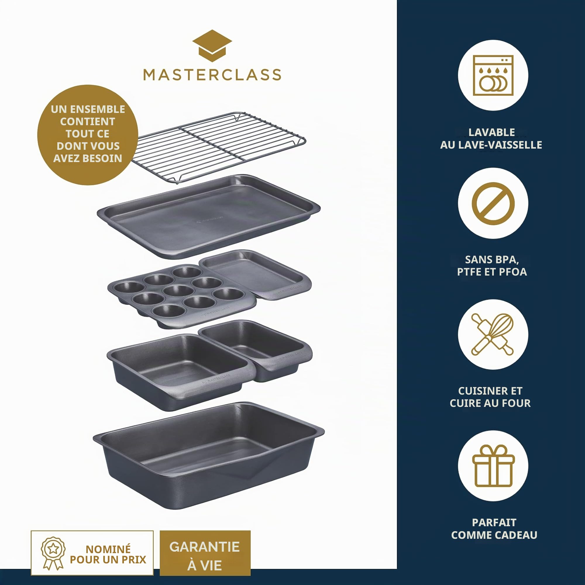 MasterClass Smart Space Stacking PTFE, PFOA and BPA Free Non-Stick Bakeware Set, 7 Piece Baking Trays, Gift Boxed, Grey