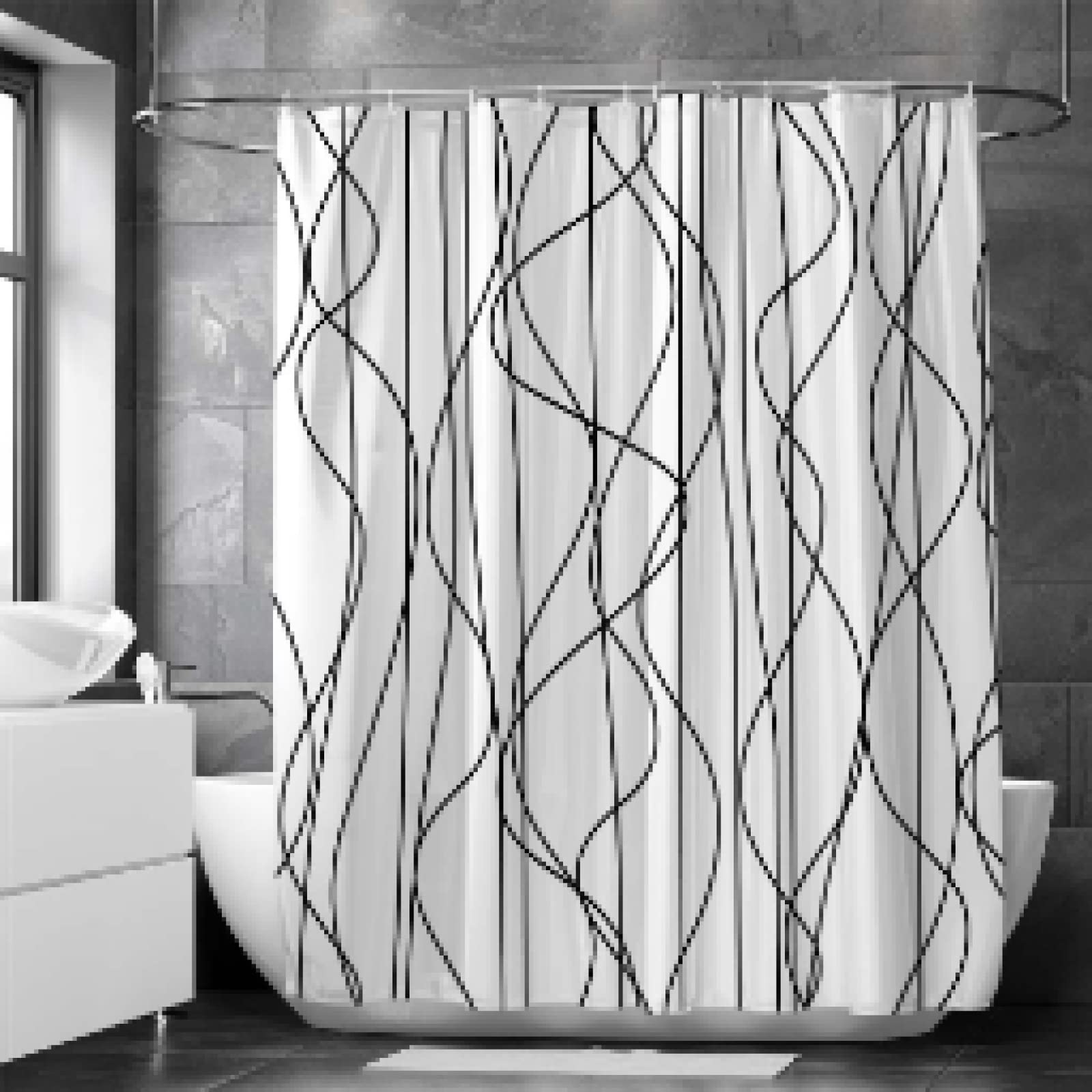 Cortina de Ducha de líneas Blancas y Negras, Resistente al Moho, Cortina de baño, Tela Lavable, Cortinas de baño de poliéster Impermeables, 125x200cm