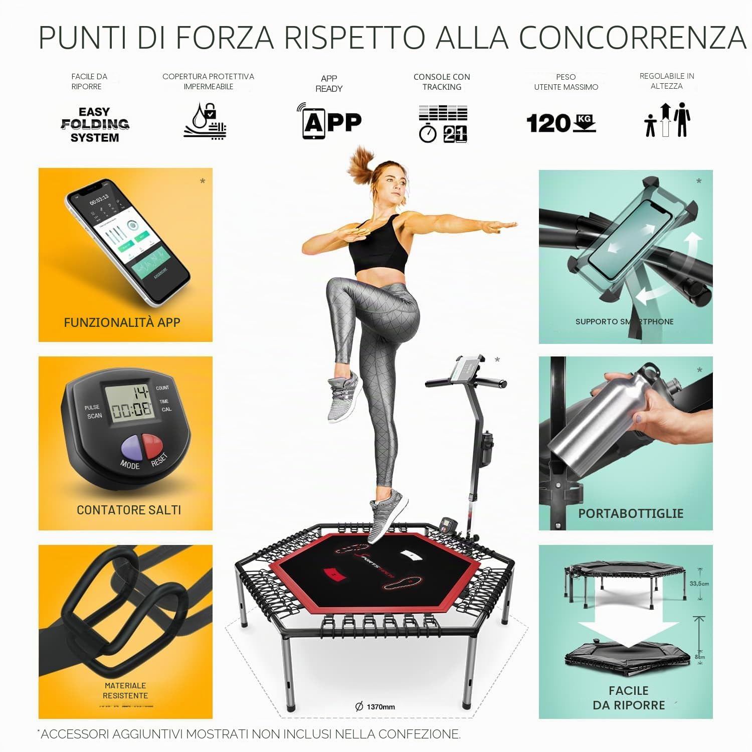 Sportstech HTX100 Trampolino pieghevole | Marchio di qualità tedesco | Trampolino fitness con maniglia | Jumping interno per bambini e adulti | TÜV/GS, contatore di salto, app | Supporto per cellulare