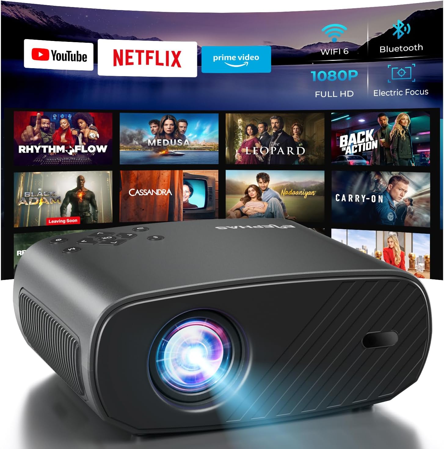 ELEPHAS Projector with streaming app logos and projected content.