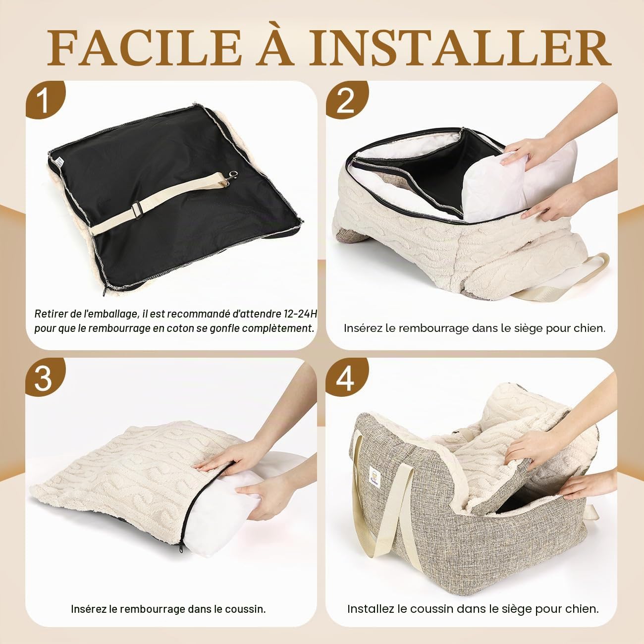 Pawaboo Siège d'Auto pour Petit Chien, Siège de Voiture pour Chiens avec Boucle de Fixation et Laisse de Sécurité, Sac de Transport de Voiture Rembourré pour Animal jusqu'à 25 Livres, Brun + Beige