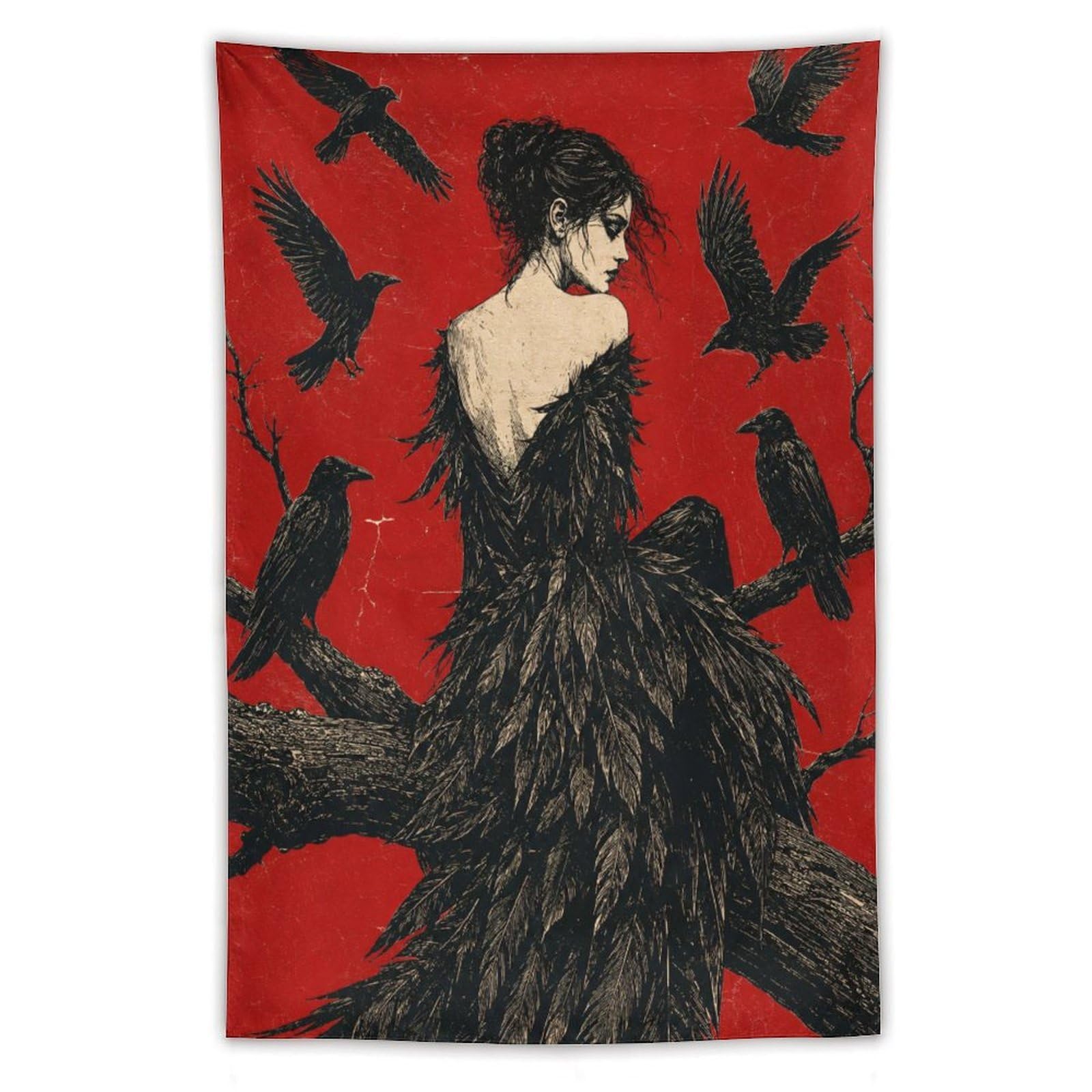 W7C8U2X3 Raven Woman with Flying Crows Wall Tapestry, Reading Corner