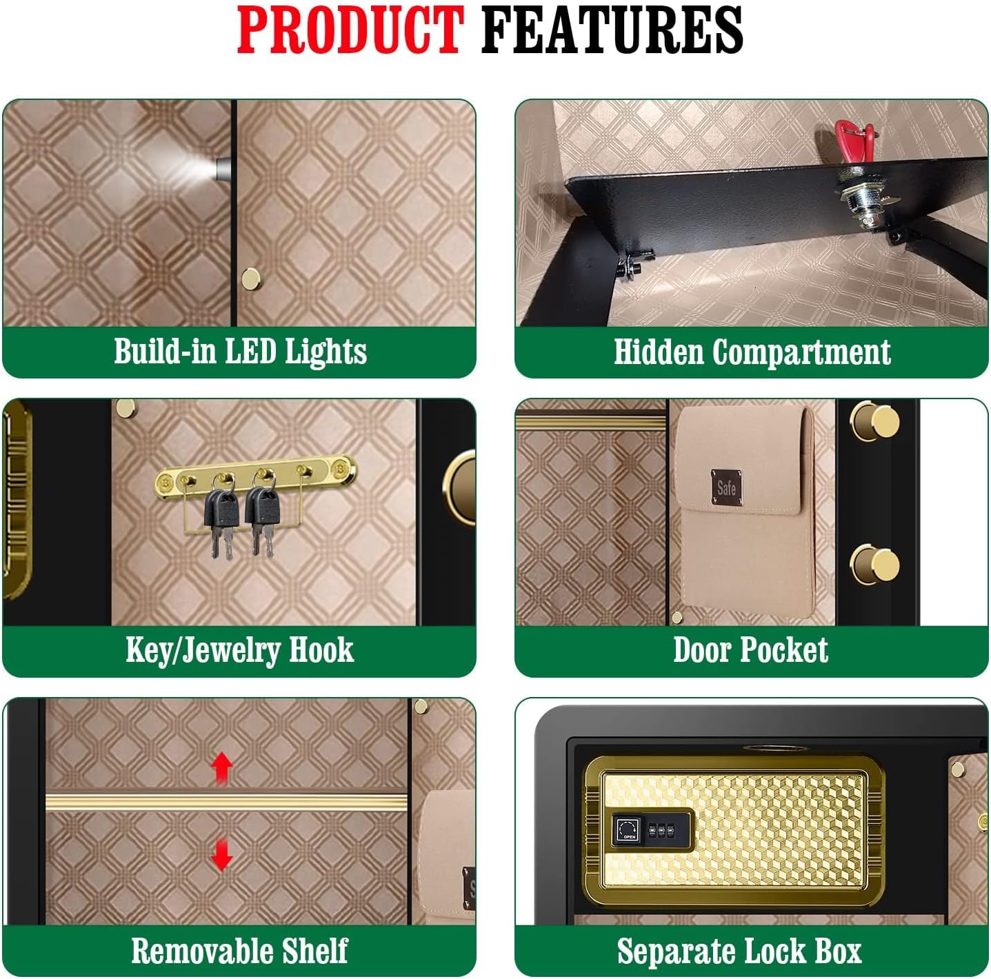 Collage of product features including built-in LED lights, hidden compartment, key/jewelry hooks, door pocket, removable shelf, and separate lock box.