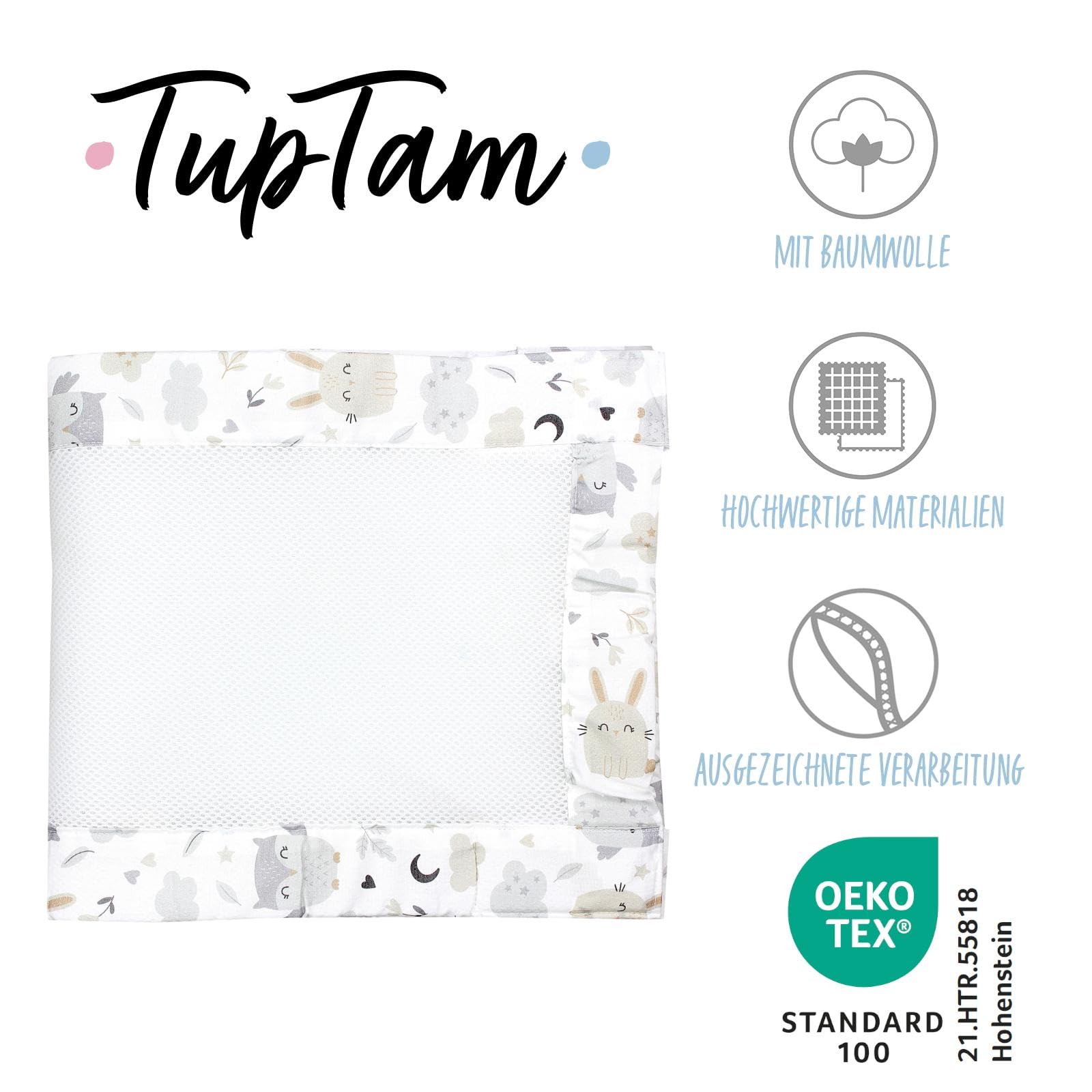 TupTam Protezione Paracolpi per Lettino Nido per Neonati Traspirazione Air Mesh 2 Pack, Coniglietto/Gufo, ca.128 x 30 cm (per Lettino 140x70)