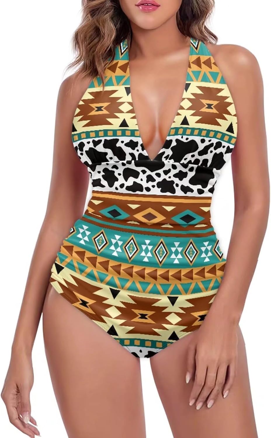 TOADDITDO Women Sexy Tummy Control One Piece Swimsuits Halter Push Up V Neck Bathing Suits Adjustable Stripes
