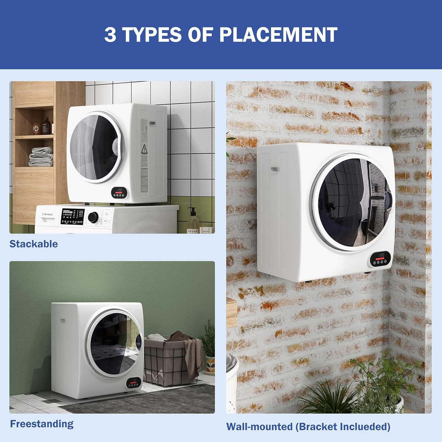 Portable Clothes Dryer 1.5 Cu.ft Compact Electric Dryer 120v 850w Front Load Laundry Dryer with Drum Exhaust Pipe LCD Control Panel for Apartments/Dorms/RVS, White