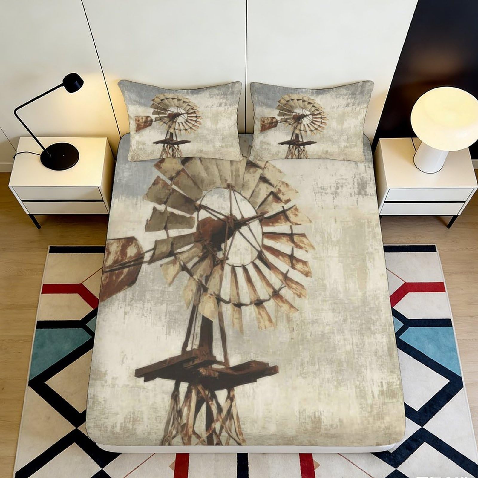 3D Printed Vintage Windmill Fitted Sheet Microfiber Soft Rustic Farmhouse Mattress Cover for Bedroom Guest Room Decor 90x200x25cm