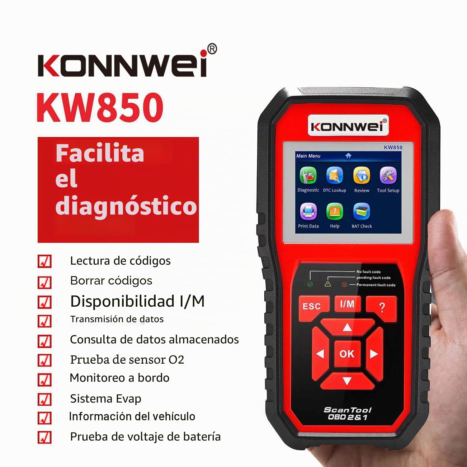 KONNWEI KW850 OBD2 Diagnosis Coche, Maquina Diagnosis Coche Multimarca 10 Funciones,con Todas Las Funciones OBD2,para vehículos Fabricados a Partir del año 2000,actualización Gratuita de por Vida
