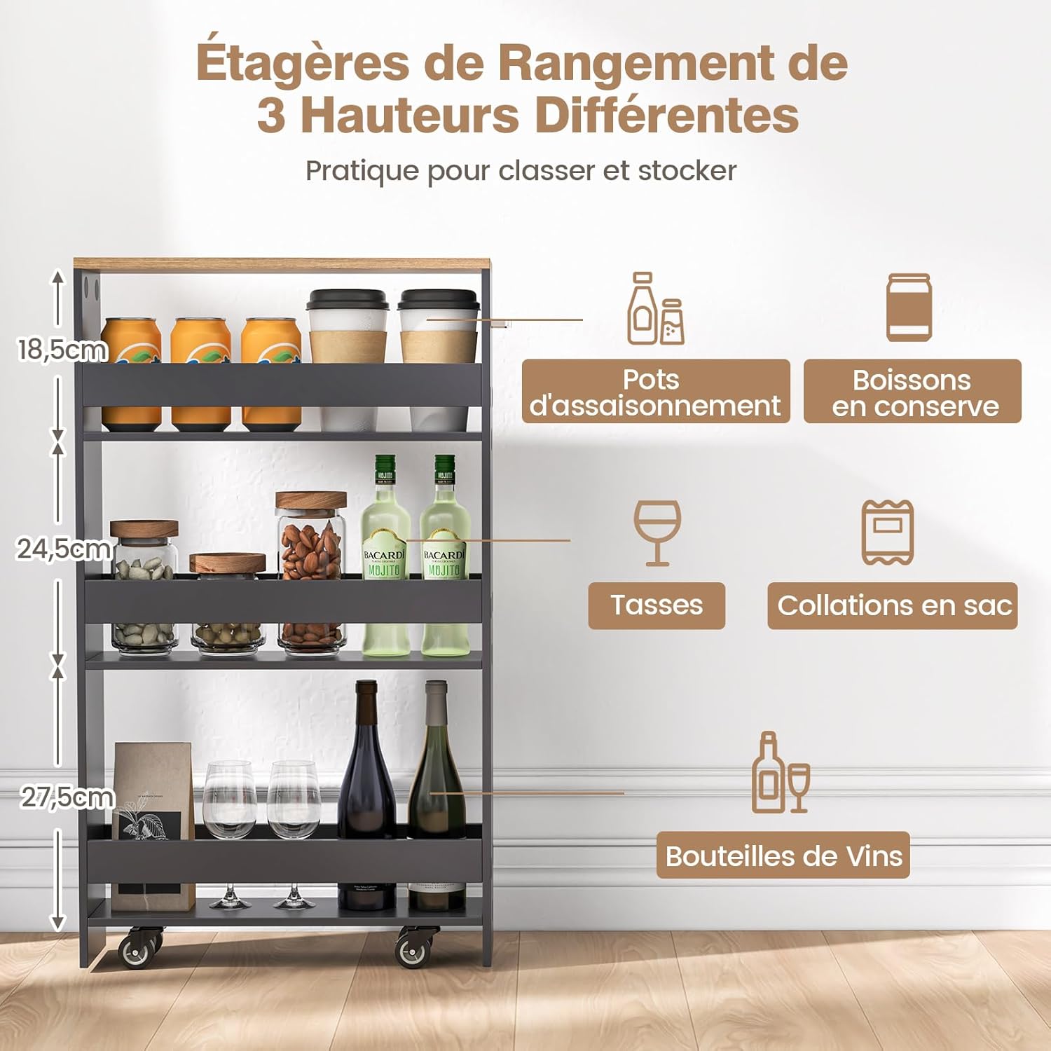 Diagram illustrating the different shelf heights and suggested items for storage on the COSTWAY cart.