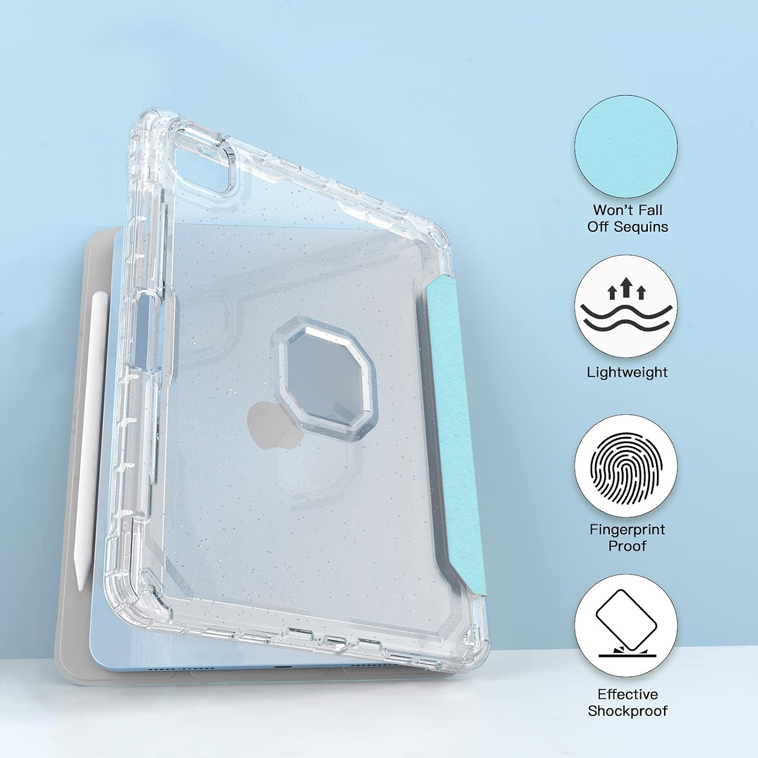 Sevrok iPad Air 5th Generation Case/iPad Air 4th Generation Case, iPad 10.9 inch Case with Apple Pencil Charging Holder, Smart Slim Glitter Sparkle Cover, Shiny Clear iPad Air 4 /Air 5 Case (Blue)