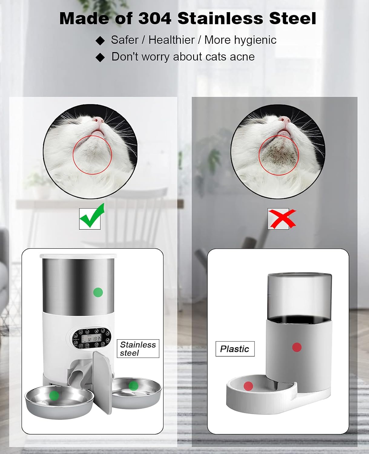 HUICOCY Automatic Cat Feeders, 304 Stainless Steel Timed Cat Food Dispenser for 2 Cats & Small Dog, 4.5L Pet Feeder with 2-Way Splitter, 1-4 Meals Portion Control,10s Voice Recorder, Dual Power Supply : Pet Supplies