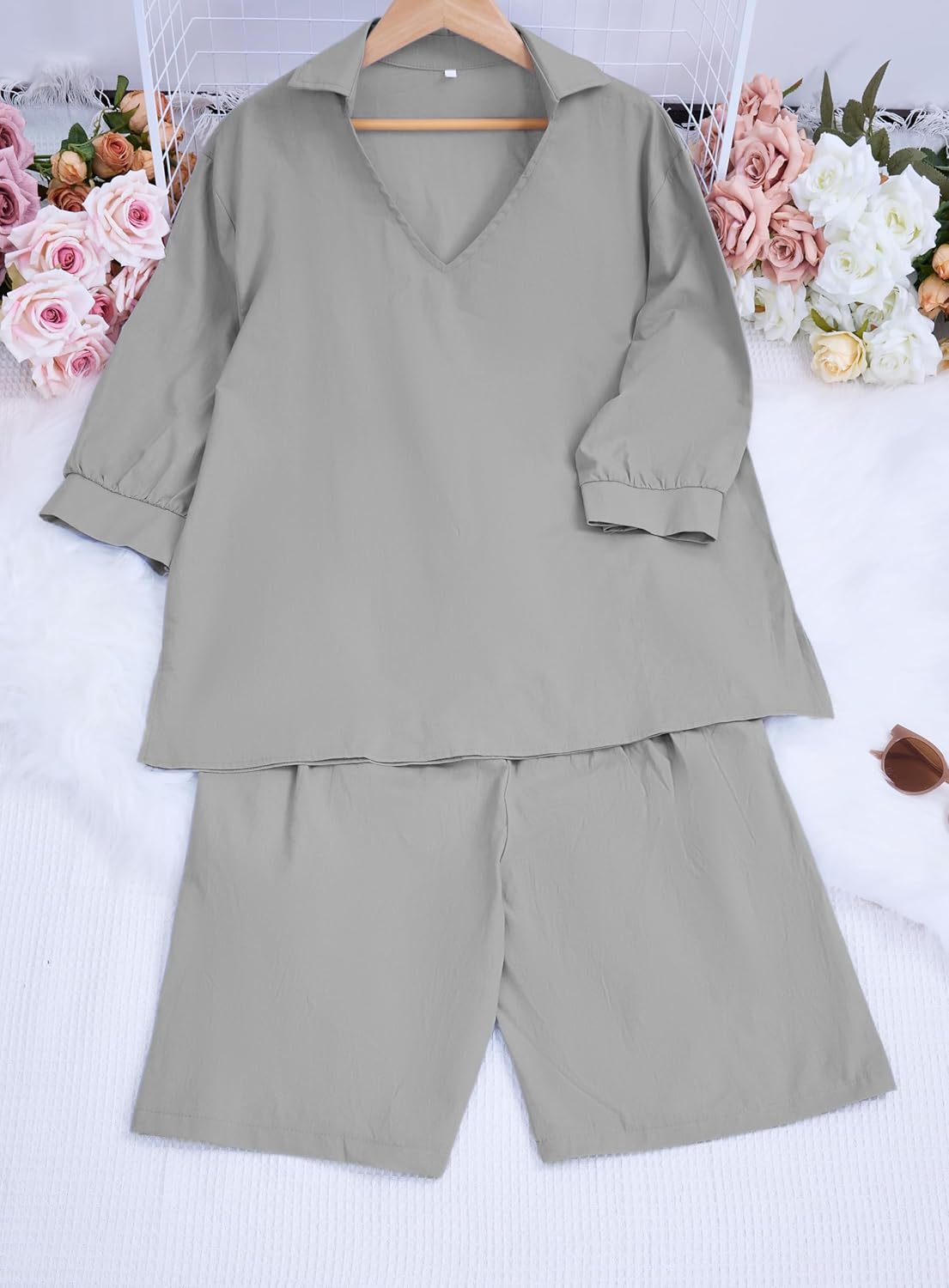 Womens Cotton Linen 2 Piece Outfits 3/4 Sleeve Shirt Elastic Waist Knee Length Pants with Belt Loose Sets with Pockets