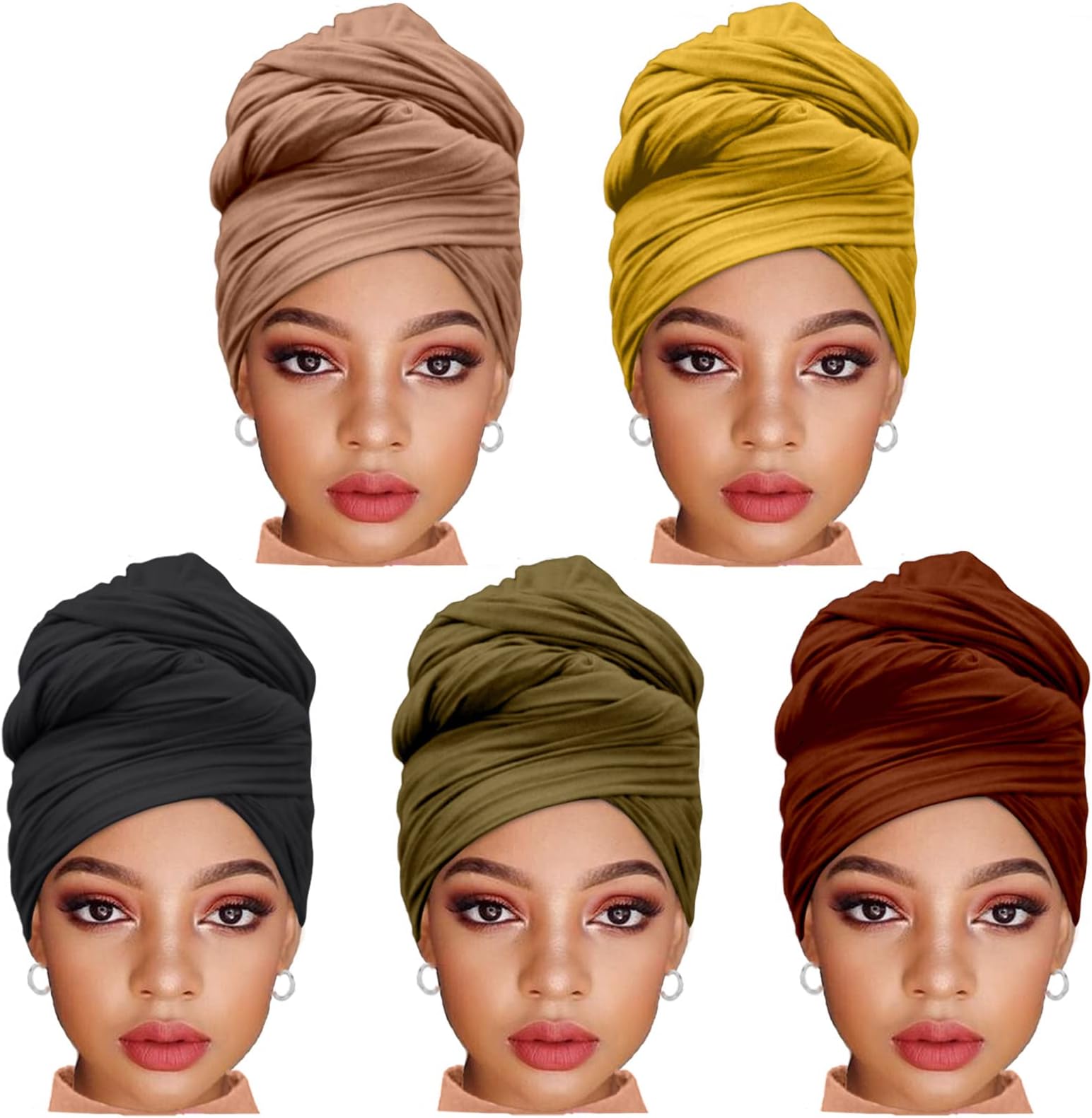 5 Pieces Solid Color Multicolor Combination Stretch Hijab Extra Long Scarf Jersey Turban Fashion Head Scarf Soft Head Wraps for Women (Black,Camel,Coffee,Army Green,Turmeric)