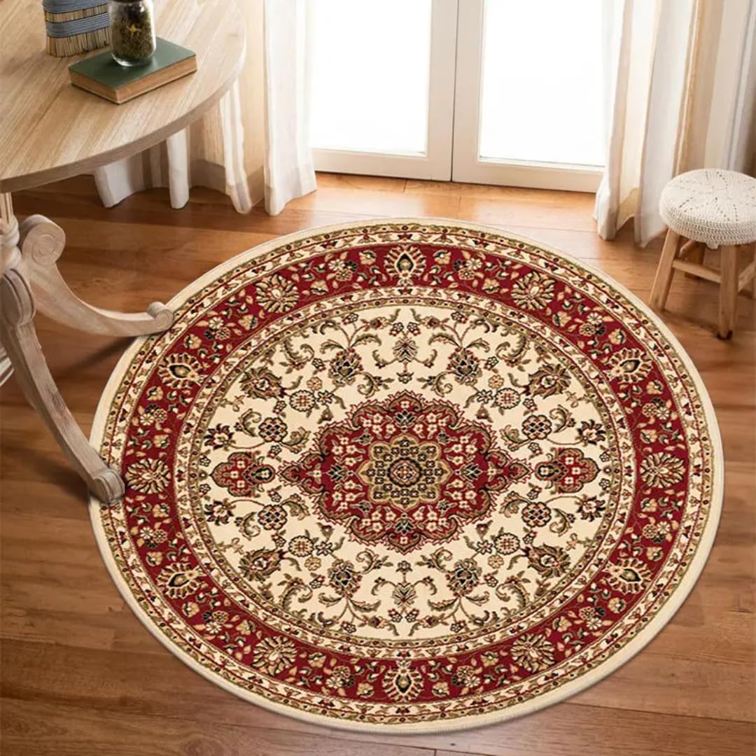 Tapis rouge de maison lavable léger rond 80 cm pour chambre et chaises
