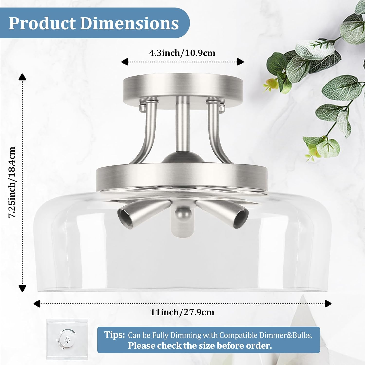 TOBUSA 3-Light Semi Flush Mount Light Fixture, Modern Industrial Glass Ceiling Light with E12 Base, Metal Semi Flush Ceiling Light for Living Room Kitchen Bedroom Hallway Balcony, No Bulbs, Nickle