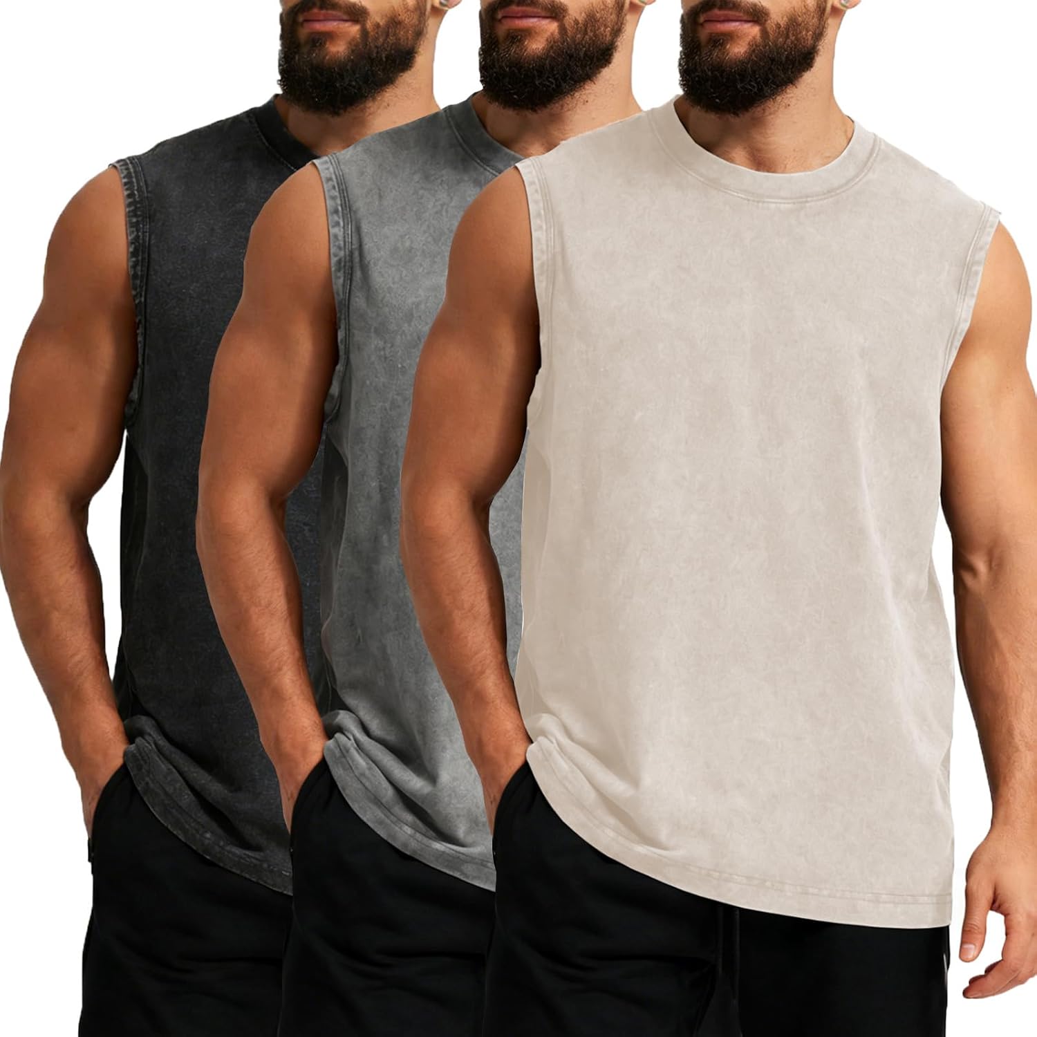 Mens Workout Tank Tops Sleeveless T Shirts Men Muscle Shirt Gym Cotton Acid Wash Tee Shirts Running Loose Fit Tees