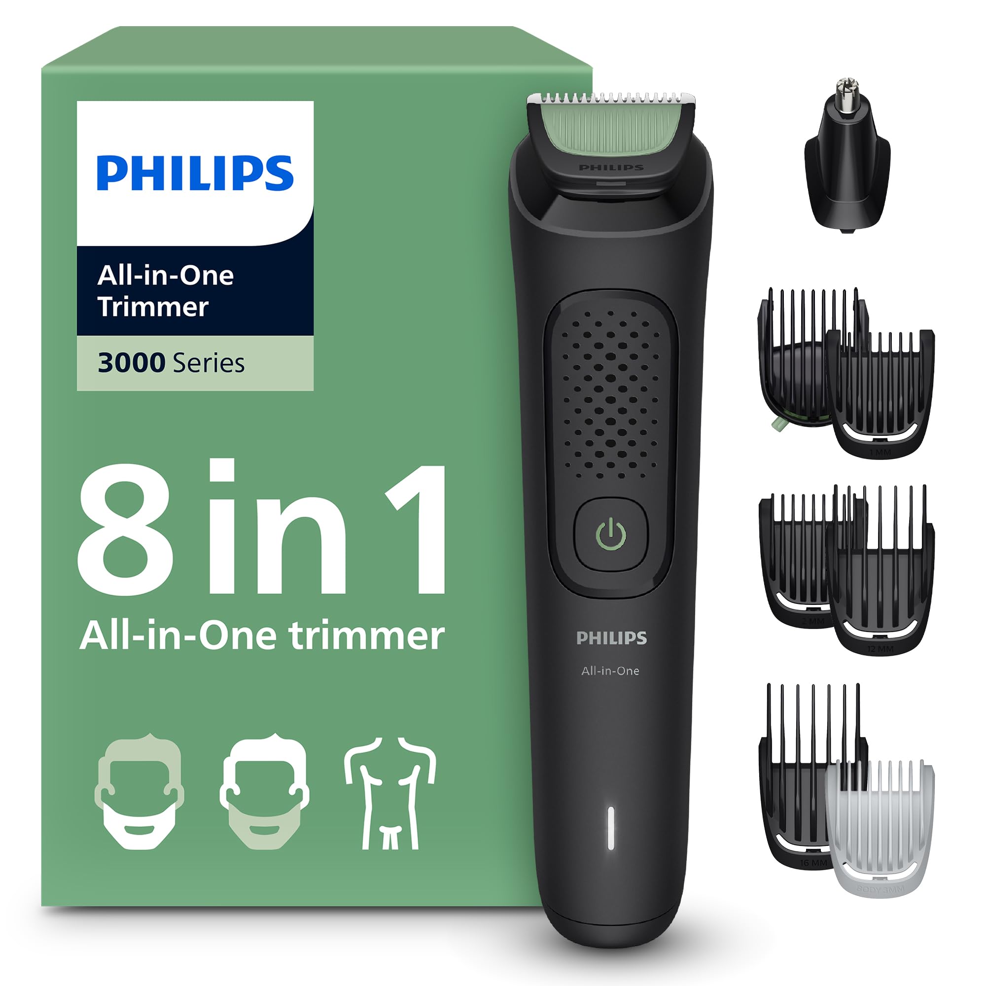 Philips All in One Series 3000 Trimmer 8-in-1 Multigroom Kit for Face, Cuts Hair & Body, Steel Blades, Adjustable 3–7 mm Comb, Ergonomic Grip, Wet & Dry Use, 70 Minute Runtime, MG3940/15