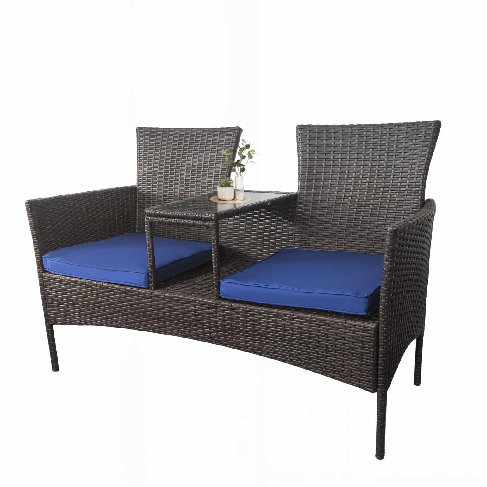 Outdoor Rattan Patio Loveseat,Wicker 2-Seat Outdoor Loveseat With Cushions And Built-In Coffice Table Patio Conversation Furniture Set,All-Weather Modern Rattan Bench For Balcony,Backyard(Brown-Blue)