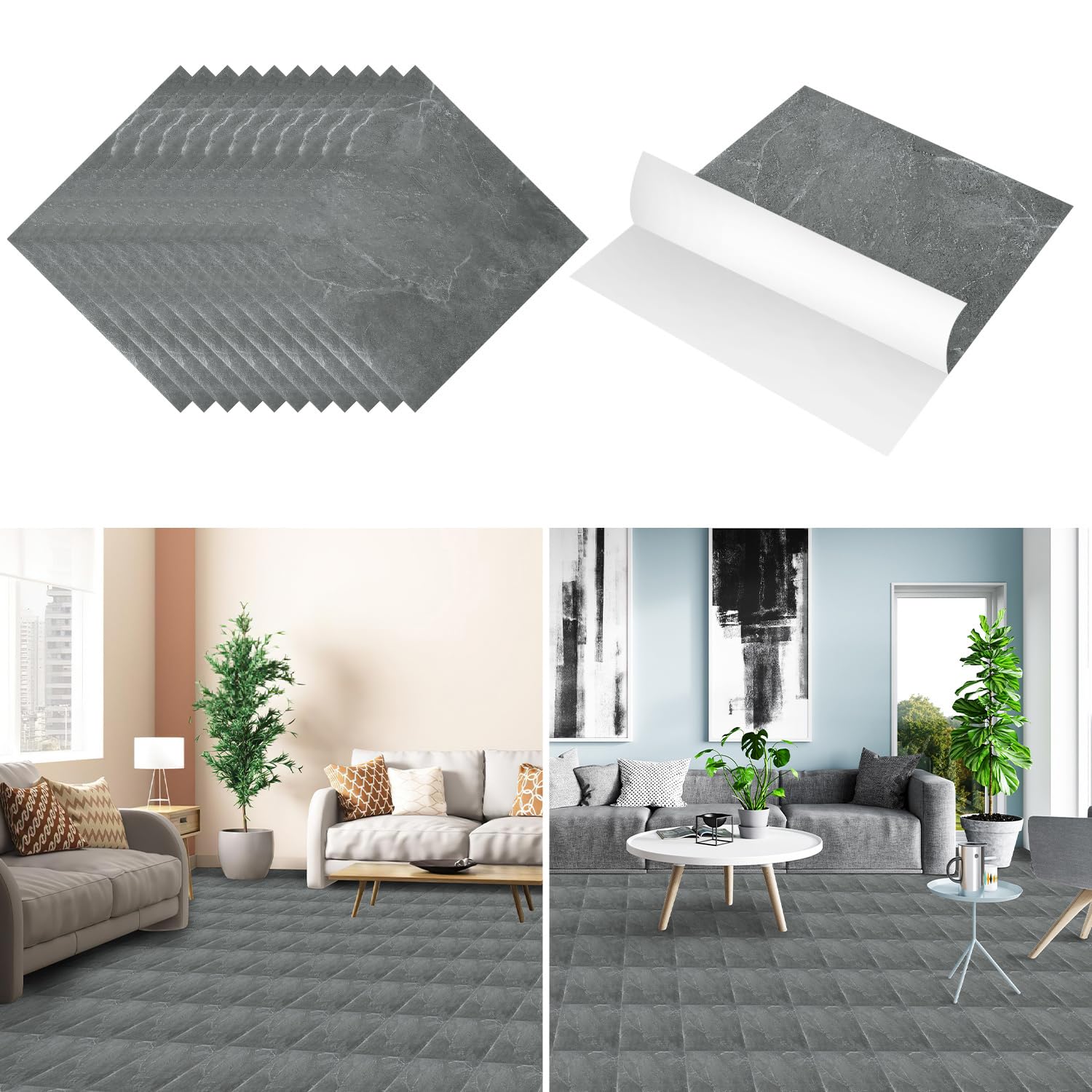 Wykładzina podłogowa z PCW, samoprzylepna, winylowa, ok. 6 m²/66 płytek, samoprzylepne płytki winylowe, antypoślizgowe, wodoodporne, samoprzylepne, laminowane deski do salonu, kuchni, szary