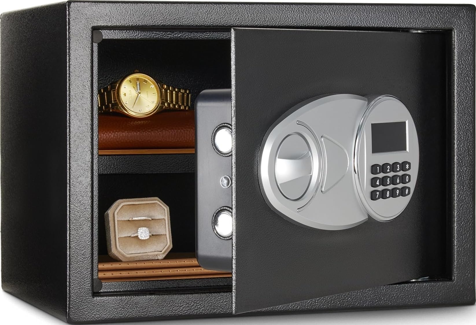 Amazon Basics Steel Security Safe and Lock Box with Electronic Keypad, Secure Documents Storage, Black, 0.5 Cubic Feet, 13.8"W x 9.8"D x 9.8"H, Removable Shelf