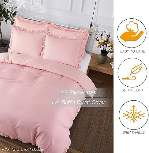 Miniatura 5 de Funda de edredón rosa de 5 piezas, tamaño King, con volantes, de microfibra ultra suave, estilo rústico y elegante, con cierre de cremallera, 1