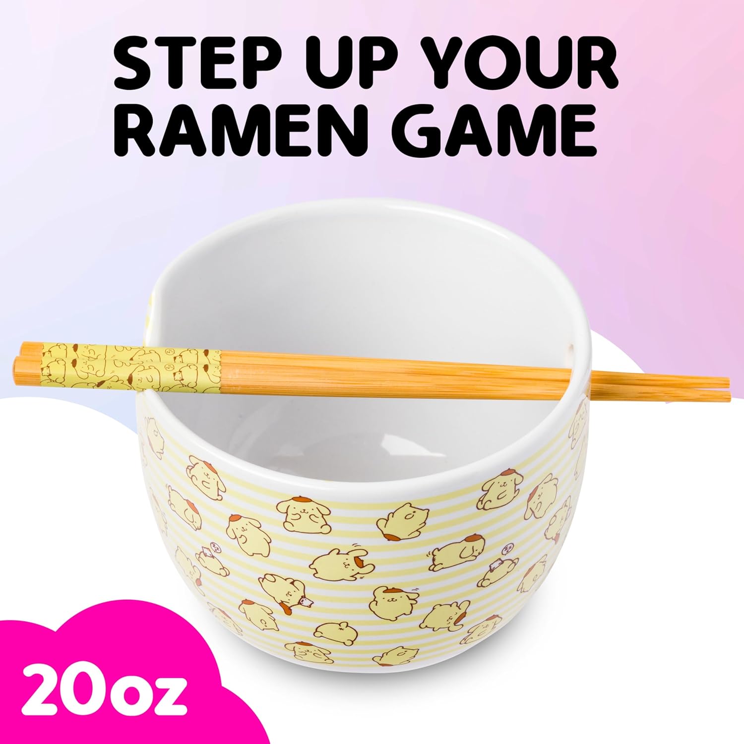 Silver Buffalo Sanrio Hello Kitty and Friends Pompompurin Pattern Ceramic Ramen Noodle Rice Bowl with Chopsticks, Microwave Safe, 20 Ounces - Image 2